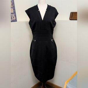 Maggy London Black V-Neck Midi Sheath Dress